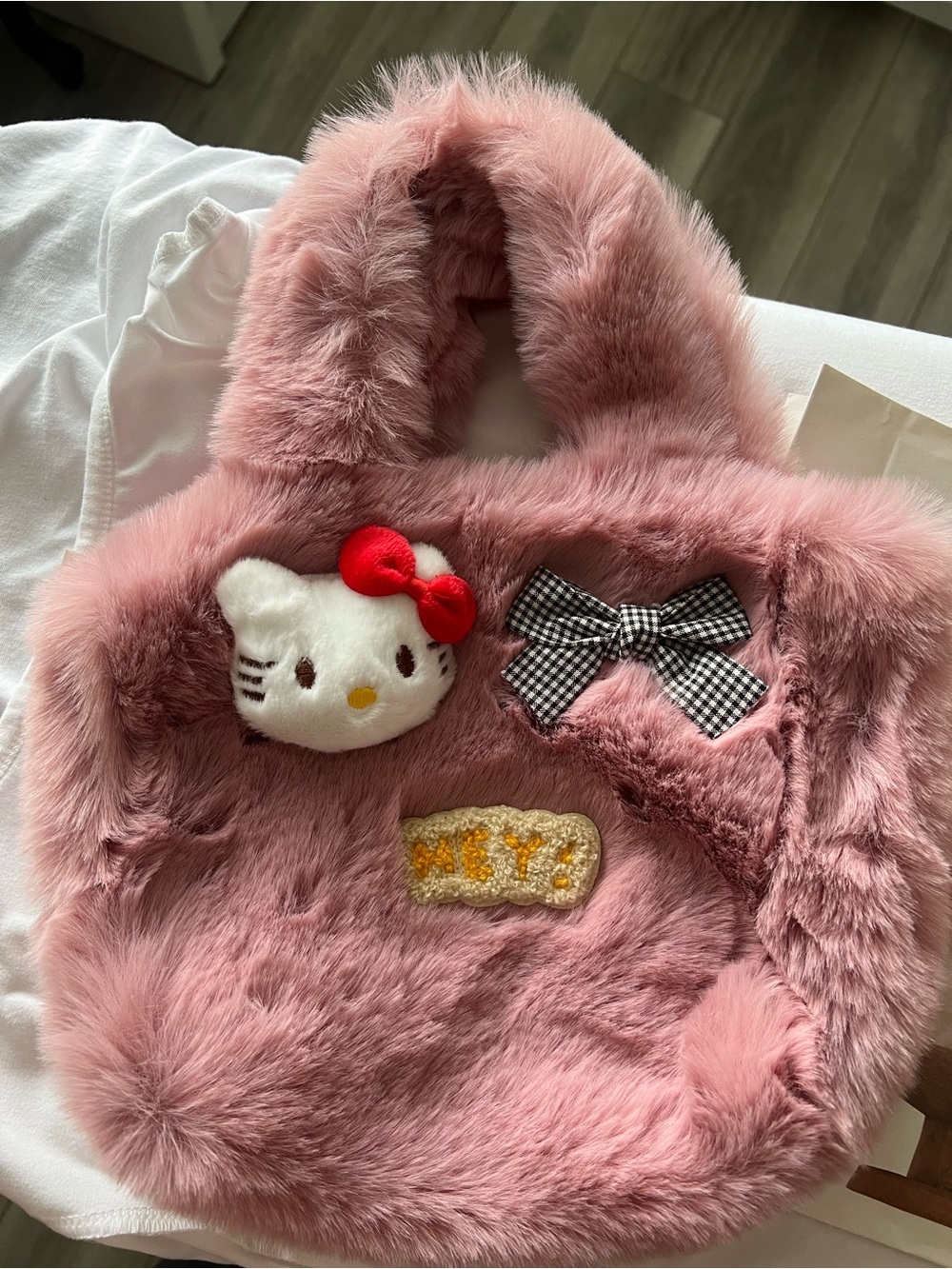 Sanrio Pink Plush Hello Kitty Patch Tote with Gingham Bow